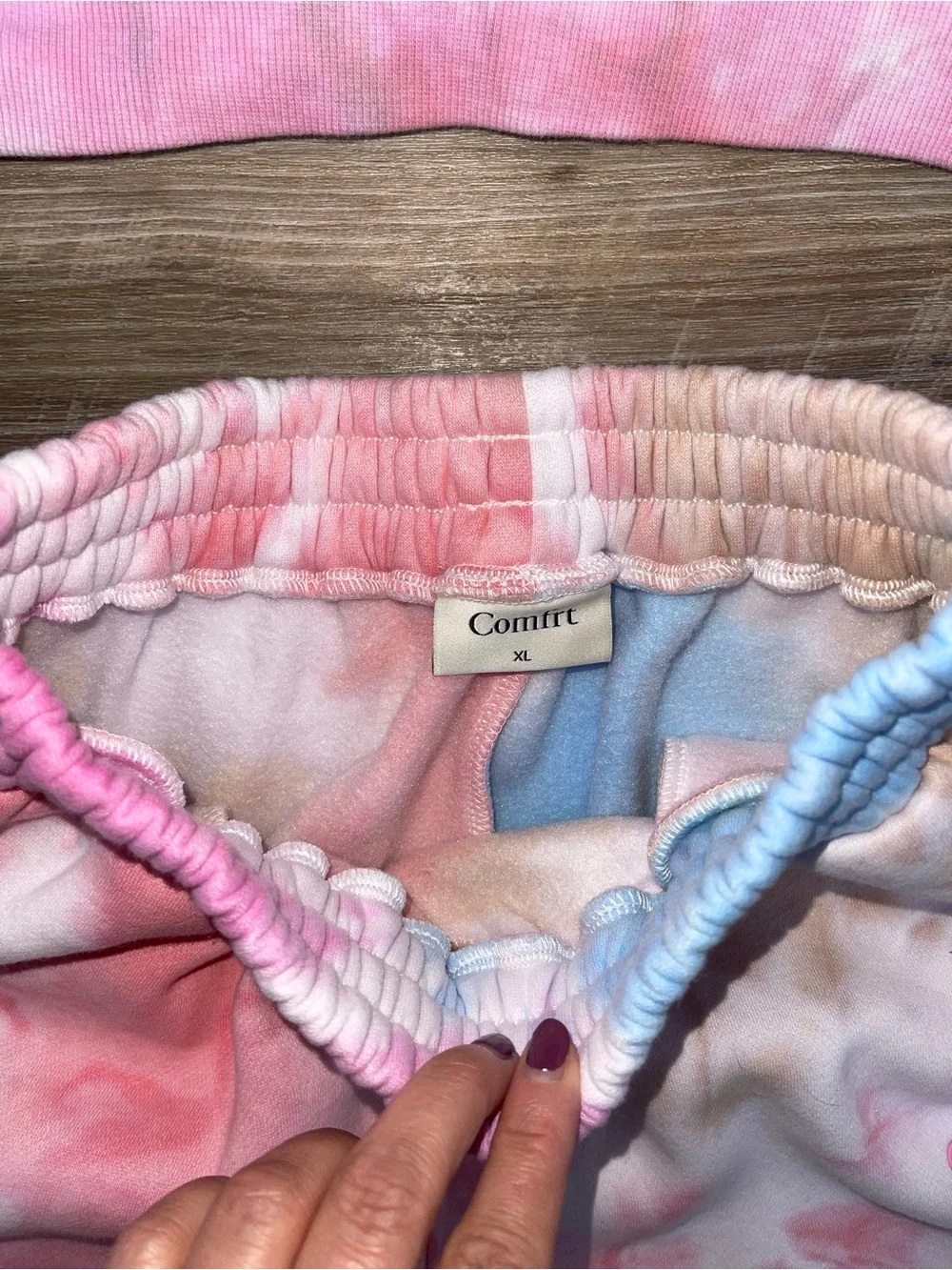 COMFRT Tie-Dye Sweatshirt &Joggers Set in Pink, Blue, Cream. Top large bottom XL